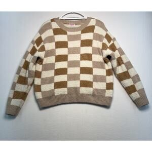 Pink Lily Crewneck Checkered Sweater Sz M Cream And Tan Teddy Bear Cozy Neutral